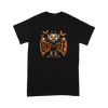 The black tshirt shows a smiling, happy Dracula with orange eyes wearing a 3E love branded shirt. Dracula's wings are spread, showing the words "Love" and "Life" on either side as 3 bats fly around Dracula's head.