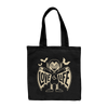 The tote shows a smiling, happy Dracula with a 3E love branded shirt. Dracula's wings are spread, showing the words "Love" and "Life" on either side as 3 bats fly around Dracula's head.