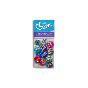 Assorted button pack. Each button features the International Symbol of Acceptance.