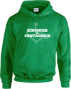 Irish green hooded pullover. Our trademarked International Symbol of Acceptance ("wheelchair heart symbol") sits behind the phrase Kindness is Contagious boldly displayed on your chest.