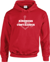 Red hooded pullover. Our trademarked International Symbol of Acceptance ("wheelchair heart symbol") sits behind the phrase Kindness is Contagious boldly displayed on your chest.