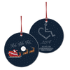 2019 Edition.  The 2019 collectible holiday ornament features Santa riding in his 3E sled in a star filled sky pulled by a couple of his reindeer, and of course our wheelchair heart!