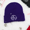 Purple, Adult knit beanie hat w/ cuff featuring our Circle of 3E Love embroidered with white threads