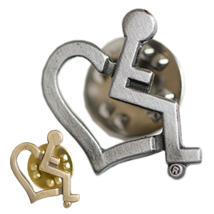 Pins are die struck versions of our International Symbol of Acceptance ("wheelchair heart symbol").  Choose from Antique Gold or Silver finish.