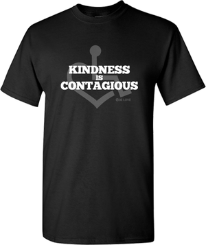 Black KINDNESS Tee. Tell everyone that you embrace and love life. Spread the conversation of social acceptance of disability with this t-shirt. Our trademarked International Symbol of Acceptance ("wheelchair heart symbol") sits behind the phrase Kindness is Contagious boldly displayed on your chest.