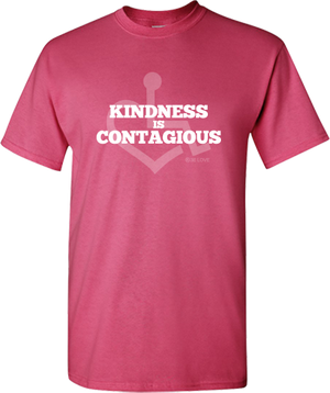 Pink KINDNESS Tee. Tell everyone that you embrace and love life. Spread the conversation of social acceptance of disability with this t-shirt. Our trademarked International Symbol of Acceptance ("wheelchair heart symbol") sits behind the phrase Kindness is Contagious boldly displayed on your chest.