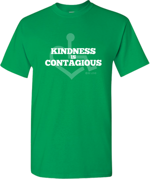 Green KINDNESS Tee. Tell everyone that you embrace and love life. Spread the conversation of social acceptance of disability with this t-shirt. Our trademarked International Symbol of Acceptance ("wheelchair heart symbol") sits behind the phrase Kindness is Contagious boldly displayed on your chest.