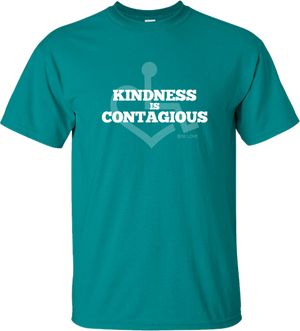 Jade KINDNESS Tee. Tell everyone that you embrace and love life. Spread the conversation of social acceptance of disability with this t-shirt. Our trademarked International Symbol of Acceptance ("wheelchair heart symbol") sits behind the phrase Kindness is Contagious boldly displayed on your chest.