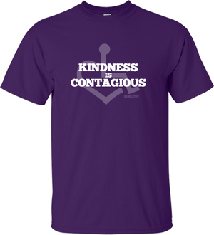 Purple KINDNESS Tee. Tell everyone that you embrace and love life. Spread the conversation of social acceptance of disability with this t-shirt. Our trademarked International Symbol of Acceptance ("wheelchair heart symbol") sits behind the phrase Kindness is Contagious boldly displayed on your chest.