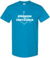Sapphire KINDNESS Tee. Tell everyone that you embrace and love life. Spread the conversation of social acceptance of disability with this t-shirt. Our trademarked International Symbol of Acceptance ("wheelchair heart symbol") sits behind the phrase Kindness is Contagious boldly displayed on your chest.
