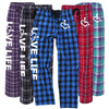 Stay comfy and cozy in our new flannel pajama pants that feature our trademarked International Symbol of Acceptance on the front left thigh and our "Love Life" slogan down the right pant leg.