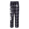 Black/grey flannel pajama pants that feature our trademarked International Symbol of Acceptance on the front left thigh and our "Love Life" slogan down the right pant leg.