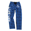 Royal blue/black flannel pajama pants that feature our trademarked International Symbol of Acceptance on the front left thigh and our "Love Life" slogan down the right pant leg.