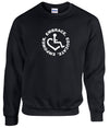 Black crewneck sweatshirt. Our trademarked International Symbol of Acceptance ("wheelchair heart symbol") is center chest with our 3E's "Embrace. Educate. Empower." surrounding it in a circle.
