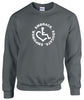 Charcoal crewneck sweatshirt. Our trademarked International Symbol of Acceptance ("wheelchair heart symbol") is center chest with our 3E's "Embrace. Educate. Empower." surrounding it in a circle.