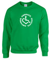 Irish green crewneck sweatshirt. Our trademarked International Symbol of Acceptance ("wheelchair heart symbol") is center chest with our 3E's "Embrace. Educate. Empower." surrounding it in a circle.