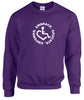 Purple crewneck sweatshirt. Our trademarked International Symbol of Acceptance ("wheelchair heart symbol") is center chest with our 3E's "Embrace. Educate. Empower." surrounding it in a circle.