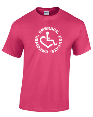 Our trademarked wheelchair heart symbol is center chest with our 3E's, "Embrace. Educate. Empower." surrounding it in a circle