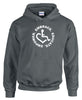 Charcoal Hooded Pullover. Our trademarked International Symbol of Acceptance ("wheelchair heart symbol") is center chest with our 3E's "Embrace. Educate. Empower." surrounding it in a circle.