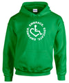 Irish Green Hooded Pullover. Our trademarked International Symbol of Acceptance ("wheelchair heart symbol") is center chest with our 3E's "Embrace. Educate. Empower." surrounding it in a circle.