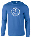 Royal Blue Long Sleeve T-Shirt. Our trademarked International Symbol of Acceptance ("wheelchair heart symbol") is center chest with our 3E's "Embrace. Educate. Empower." surrounding it in a circle.