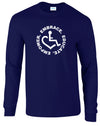 Navy Long Sleeve T-Shirt. Our trademarked International Symbol of Acceptance ("wheelchair heart symbol") is center chest with our 3E's "Embrace. Educate. Empower." surrounding it in a circle.