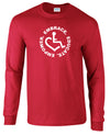 Red Long Sleeve T-Shirt. Our trademarked International Symbol of Acceptance ("wheelchair heart symbol") is center chest with our 3E's "Embrace. Educate. Empower." surrounding it in a circle.