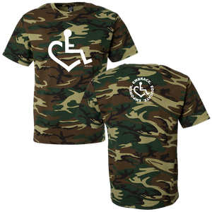 Camouflage Wheelchair Heart Tee. Tell everyone that you embrace and love life. Spread the conversation of social acceptance of disability with this t-shirt. Our trademarked International Symbol of Acceptance ("wheelchair heart symbol") is proudly displayed on the front.