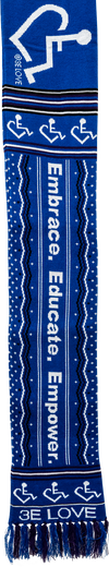 Adult knit scarf featuring our Circle of 3E Love symbol and slogan "Embrace, Educate, Empower."