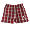 Garnet/Vegas gold flannel boxer shorts that feature our International Symbol of Acceptance on the front left thigh
