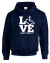 Navy hooded pullover. Our trademarked International Symbol of Acceptance ("wheelchair heart symbol") is featured proudly on your item