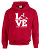 Red hooded pullover. Our trademarked International Symbol of Acceptance ("wheelchair heart symbol") is featured proudly on your item