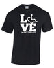 Black t-shirt. Our trademarked International Symbol of Acceptance ("wheelchair heart symbol") is featured proudly on your item