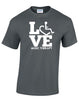 Charcoal t-shirt. Our trademarked International Symbol of Acceptance ("wheelchair heart symbol") is featured proudly on your item