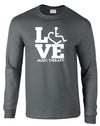 Charcoal long sleeve t-shirt. Our trademarked International Symbol of Acceptance ("wheelchair heart symbol") is featured proudly on your item