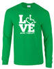 Irish green long sleeve t-shirt. Our trademarked International Symbol of Acceptance ("wheelchair heart symbol") is featured proudly on your item