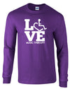 Purple long sleeve t-shirt. Our trademarked International Symbol of Acceptance ("wheelchair heart symbol") is featured proudly on your item