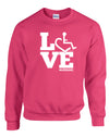 Pink crewneck sweatshirt. Our trademarked International Symbol of Acceptance ("wheelchair heart symbol") is featured proudly on your item