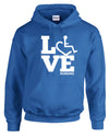 Royal blue hooded pullover. Our trademarked International Symbol of Acceptance ("wheelchair heart symbol") is featured proudly on your item