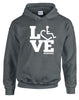 Charcoal hooded pullover. Our trademarked International Symbol of Acceptance ("wheelchair heart symbol") is featured proudly on your item