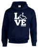 Navy hooded pullover. Our trademarked International Symbol of Acceptance ("wheelchair heart symbol") is featured proudly on your item
