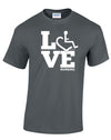 Charcoal t-shirt. Our trademarked International Symbol of Acceptance ("wheelchair heart symbol") is featured proudly on your item