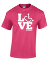Pink t-shirt. Our trademarked International Symbol of Acceptance ("wheelchair heart symbol") is featured proudly on your item