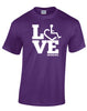 Purple t-shirt. Our trademarked International Symbol of Acceptance ("wheelchair heart symbol") is featured proudly on your item