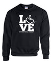 Black crewneck sweatshirt. Our trademarked International Symbol of Acceptance ("wheelchair heart symbol") is featured proudly on your item