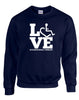 Navy crewneck sweatshirt. Our trademarked International Symbol of Acceptance ("wheelchair heart symbol") is featured proudly on your item