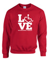 Red crewneck sweatshirt. Our trademarked International Symbol of Acceptance ("wheelchair heart symbol") is featured proudly on your item