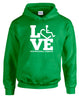 Irish green hooded pullover. Our trademarked International Symbol of Acceptance ("wheelchair heart symbol") is featured proudly on your item