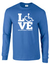 Royal blue long sleeve t-shirt. Our trademarked International Symbol of Acceptance ("wheelchair heart symbol") is featured proudly on your item