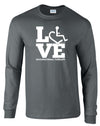 Charcoal long sleeve t-shirt. Our trademarked International Symbol of Acceptance ("wheelchair heart symbol") is featured proudly on your item